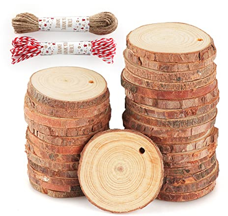 Timburst Holzscheiben 30 Stücke, 4-5cm Baumscheiben, Vorgebohrten LöChern Holzplatte Rund,Holz Scheiben Zum Basteln-20 M Seile für Tischdeko, Deko Hochzeit MittelstüCke Weihnachten Dekoration