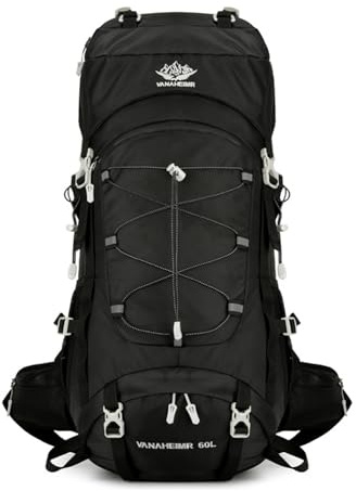 PORRASSO Wanderrucksack Wasserdichter Rucksack mit Regenhülle 60L Reiserucksack Hiking Backpack für Herren Damen Wandern Bergsteigen Camping Reisen Sport Schwarz