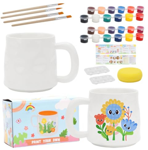 Gohytal Keramiskt målningsset, set med 2 keramiska muggar, penslar, livliga färger, målningsinspiration, mugg, pysselset, kaffemuggar, målningsset, gör-det-själv, kreativ present för hemmet