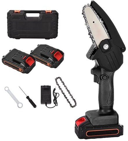 KACBFEE Mini Motosega a Batteria, Motosega elettrica a Batteria da 10 cm con 2 batterie e Caricabatterie, Sega Portatile per potatura Alberi, Taglio Legna, Attrezzi da Giardino e da Giardino