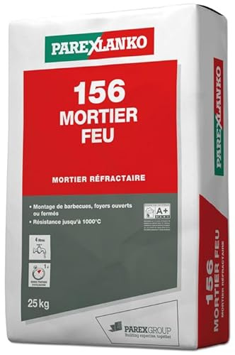 PAREXLANKO - Mortier réfractaire - 156 MORTIER FEU – Prêt à gâcher pour maçonnerie haute température - Barbecues, foyers, cheminées - Résiste jusqu’à 1000°C - Gris foncé - Sac de 25kg