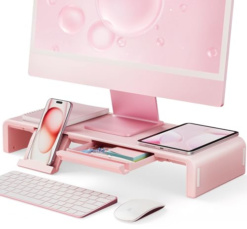 Pink Monitor Stand Riser, Klearlook Foldable, Height Adjustable Computer Stand, Desk Shelf Riser with Storage Drawer &Tablet Phone Stand for Desktop, Laptop