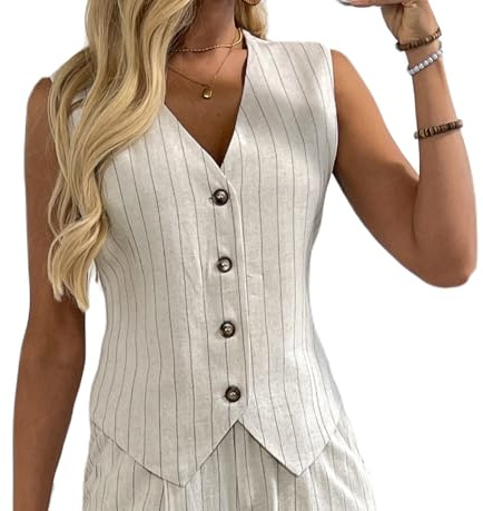 Chaleco blazer de lino para mujer con cuello en V y botones, chaqueta sin mangas tipo chaleco para negocios, trabajo y vacaciones, S