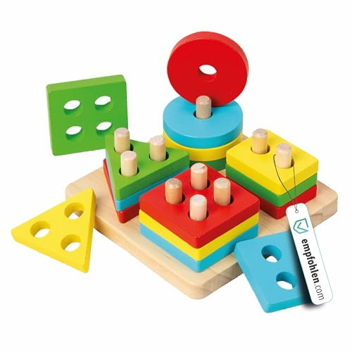Ludo Lab® Holzspielzeug Motorik Sortierspiel 17-teilig; Montessori Steckspiel & Lernspielzeug mit Formen & Farben; Kompaktes Stapelspiel ab 2 Jahre (Kompakt 11x11x4,5 cm)