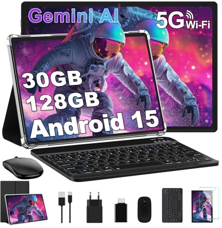 Dghrti 10 Pulgadas Tablet 30GB+128GB, 8000mAh, Android 15, IPS Pantalla FHD, Procesador Octa-Core, Certificación GMS/Widevine L1, Tableta PC con Cuerpo de Metal, Teclado y Mouse -Negro