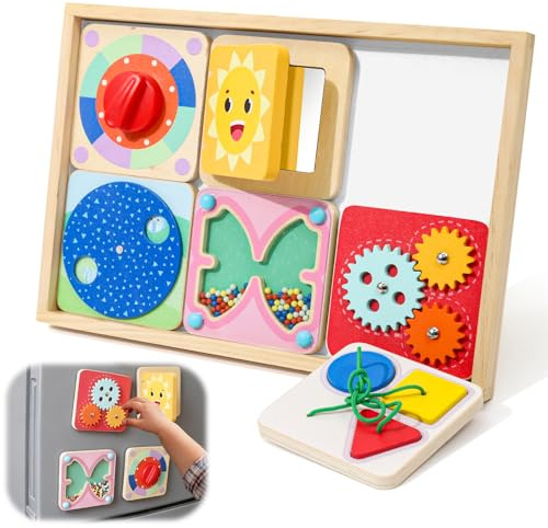Wdmiya Sensorik Spielzeug, Montessori Busy Board mit 6 Magnetische Platten | Motorikspielzeug ab 1 Jahr Holzspielzeug Baby Reisspiel Beschäftigung Autofahrt, Geschenk für Junge Mädchen zum Geburtstag