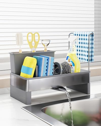 Eleancy Küchen Spülbecken Organizer – Schwammhalter mit automatischer Abflussfunktion – für Schwämme, Bürsten & Handtücher (Küche), Spülutensilien-Aufbewahrung & Küchenorganisation (Grau)