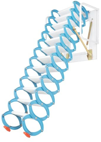 Attic Ladder, 881LBS 12-Steps Wall-Mounted Folding Attic Ladder Heavy Duty Pull Down Staircase Retractable Loft Access Ladders Space Saving Stairs with Handrail for Garages Roofs Basements