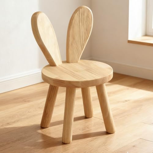 Wapasezyar Massivholz-Ständerhocker, individuelle Hasenohren-Form, kinderzimmer Kinder Stuhl mit Hasenohren Rückenlehne, runde Holz-Kindermöbel zum Essen, Lesen und Spielen