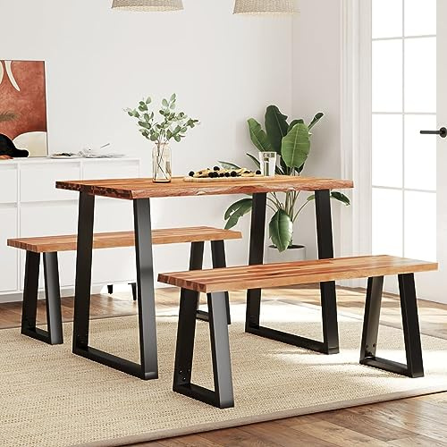 Hoopleep Dining Set Tree Edge 3-Piece Acacia Solid Wood, U-Frame Black, 110 x 70 cm Table, Robust Dining Room Set for Kitchen and Small Space, Durable and Modern