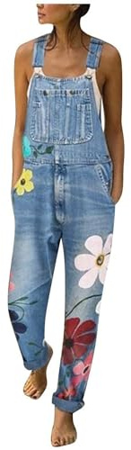 Generisch Salopette da donna, in jeans, stile vintage, largo, con fiori, in denim, con salopette verde
