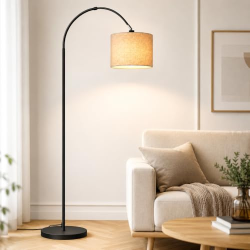 OPPEARL Bogenlampe 170cm, Stehlampe mit Leinen Lampenschirm, E27 12W 3000K warmweiß, Fußschalter, drehbarer Lampenkopf für Wohnzimmer Schlafzimmer