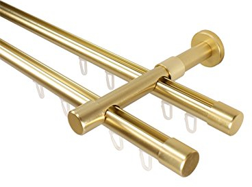 iso-design Innenlauf Gardinenstangen 2-läufig Farbe Messing matt, 20 mm Durchmesser, Wandmontage, Gardinenstangenkomplettset aus Metall mit Wandhaltern und Endstücken Kappe, 280 cm (2 x 140 cm)
