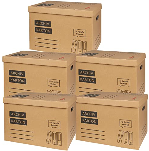 5x Archivkarton Aktenkarton Aktenordner mit Klappdeckel und Boden - für je 5 große A4 Ordner zur Aufbewahrung Organisation Transport Archivschachtel