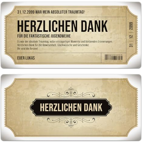Kartenmachen.de Personalisierte Jugendweihe Dankeskarten, DIN Lang 210x98mm, Danksagungskarten - Vintage Eintrittskarten in Weiß
