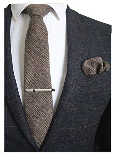 RBOCOTT Brown Wool Tie and Pocket Square, Cashmere Necktie Tie Clip Set for Men, Brown, general