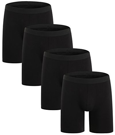 ZLYC Mens Long Leg Cotton Boxer Brief Underwear, 4 Pack Black, M