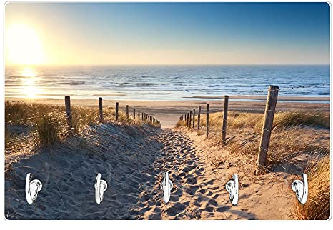 banjado® Schlüsselbrett aus Glas 30 cm x 20 cm mit Motiv Nordseestrand/Schlüsselbrett magnetisch & beschreibbar/Schlüssel Organizer Hakenleiste/Key Holder