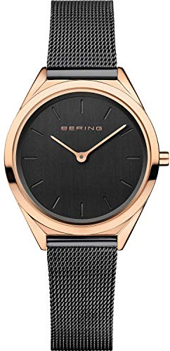 BERING 17031-166 Orologio unisex al quarzo, orologio da polso con cassa in acciaio inossidabile color oro rosa da 31 mm e quadrante nero, cinturino in maglia milanese, vetro zaffiro, 3 ATM