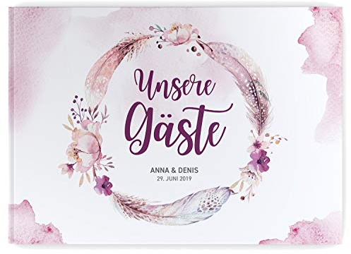DeinWeddingshop Gästebuch zur Hochzeits - PERSONALISIERT mit Namen & Datum - Hardcover Buch, 104 Seiten, DIN A4 quer | Hochzeitsgästebuch (Inhalt mit Fragen, Boho Love)