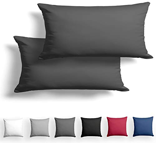 Alreya 2er-Set Mako Satin Kissenbezug 40 x 80 cm - 100% Baumwolle mit Reißverschluss, Superweicher Kopfkissenbezug 40x80, Kissenhülle, Oeko-TEX® Standard Zertifiziert, Anthrazit, nur Kissenbezug