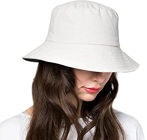 Sombreros de Pescador de algodón para Mujer, Sombrero de Playa, Adolescentes, niñas, de ala Ancha, para Verano, con protección UPF 50+, a2-Blanco, 7-7 1/8