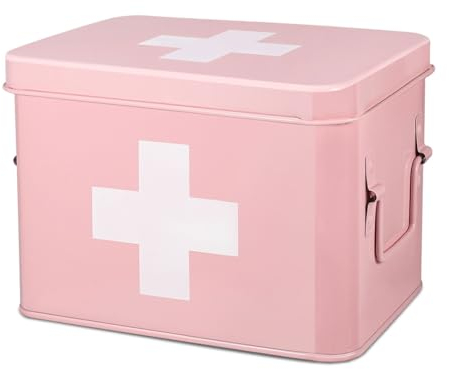 Flexzion Medizinbox, Hausapotheke Box, Apothekenbox - 21x16x15cm Medikamenten Aufbewahrung Box aus Metall für Notfall, Erste Hilfe Schrank, mit Seitengriffen, abnehmbarem Tablett & 4 Fächern, rosa