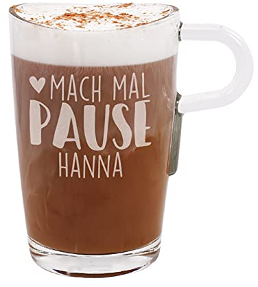 Herz & Heim® Leonardo Loop Glastasse mit Gravur des Wunschnamens für Kaffeegenießer (Mach mal Pause)