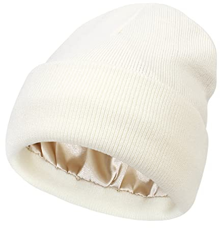 Damen Satin gefütterte Wintermütze mit Zopfmuster für Damen, Seidenfutter, dicke Mütze, Totenkopf, warm, Bündchen, Weiß, Einheitsgröße