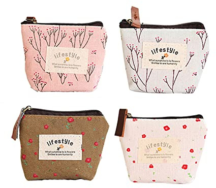 FuninCrea Small Coin Purse, 4 Pack of Different Cute Flower Patterns Canvas Coin Purse with Smooth Zip Mini Wallet for Storing Credit Card, ID Card, Keys, Lipstick (Colorful)