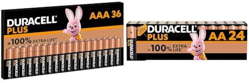 Duracell Batterie Plus AAA(pacco da 36) - Alcalina 1.5V - Fino al 100% di extra durata & Batterie Plus AA (pacco da 24) - Alcalina 1.5V - Fino al 100% di extra durata
