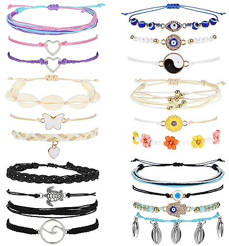 Yolev 20 Pièces Bracelet Cordon Femme Boho Bracelet d'Amitié de Vague de Surf de Plage pour Femmes Bracelets Tressés à la Main Réglables Bracelet Boheme de Corde Ete Bijoux pour Femme Fille