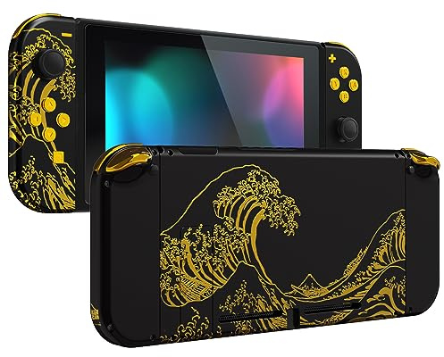 eXtremeRate Hülle Case für Nintendo Switch Joycon/Konsole, Joy Con Abdeckung & Tasten & Console Rückgehäuse & Kickstand, DIY-Ersatz Shell für Nintendo Switch-Groß Goldene Welle Schwarz