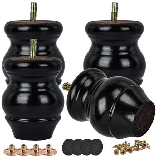 Btowin 4 inch Solid Wood Spool Furniture Legs with M8 Bolts, Black, 4-Pack | Classic Design with 400lbs Capacity, All Mounting Hardware included for Easy DIY Install on Sofas, Couches and Ottomans
