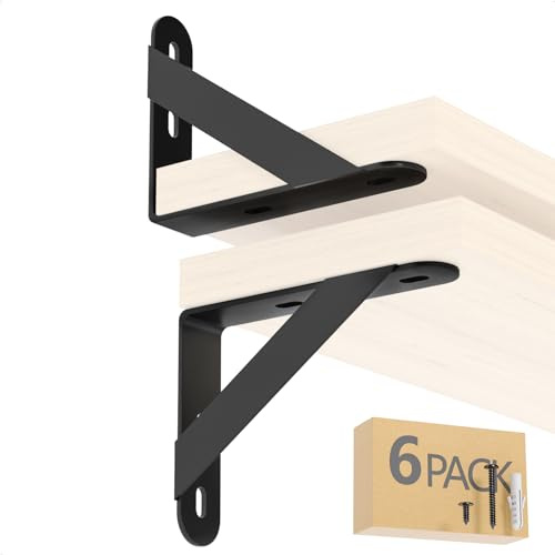 4x3 Shelf Brackets 6-Pack, Shelf Support Shelf Holder Steel Wall Mount Heavy Duty Small L Shape Triangle 90 Degree Metal Black with Screws Anchors Soporte de Estante