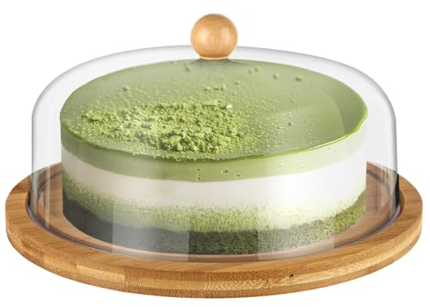 GBACHOOSE Cake Stand with Dome Lid, 10 inch Bamboo Cake Plate with Cover, Clear Cake Display Stand with Acrylic Dome for Birthday Wedding Party