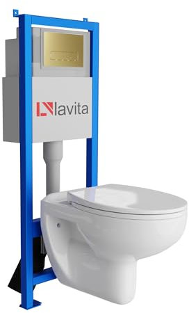 Lavita LAV 101 Élément mural pour WC 40 cm + évier mural suspendu Arctic blanc sans bord + panneau de commande LAV 200.3.5 doré | Kit complet | Réservoir de chasse encastré | WC complet
