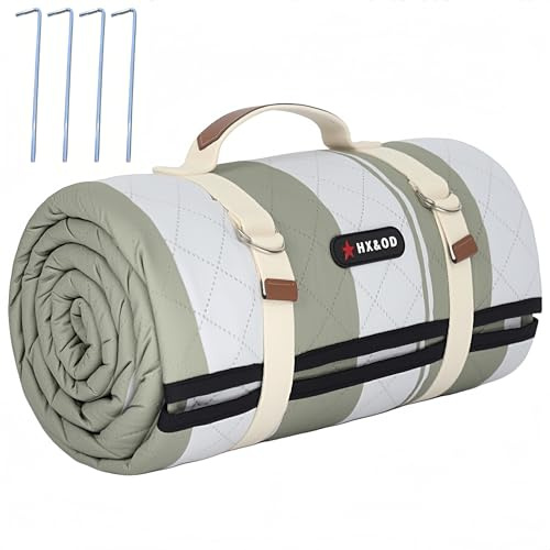 HX&OD Outdoor-Picknickdecke, extra groß, wasserdicht, Picknickmatte mit Heringen, faltbar, Campingdecke, tragbar mit Tragegurt für Strandmatte, Grün und Weiß, 203 x 152 cm