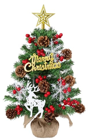DEMIUKO Mini Weihnachtsbaum Kleiner Tannenbaum Künstliche Christbaum Tisch Weihnachtsdeko mit Geschmückt Rot Beeren Tannenzapfen Baumspitze Stern DIY Weihnachten 60CM Tischdeko für Zuhause Büro