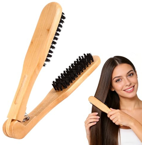 CYSFETENA Wooden Hair Straightening Brush Comb, Double Sided Bristle Brush, Clamp Hair Straightenner for Smoothing and Straightening, Professional Hairdressing Anti-static Comb