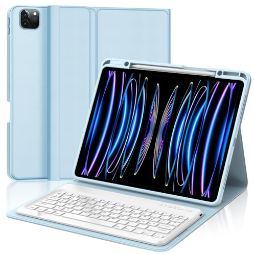 SENGBIRCH Funda con teclado para iPad Pro 12,9 6ª/5ª/4ª/3ª generación, diseño italiano QWERTY extraíble inalámbrico Bluetooth teclado, funda con portalápices soporta carga, azul