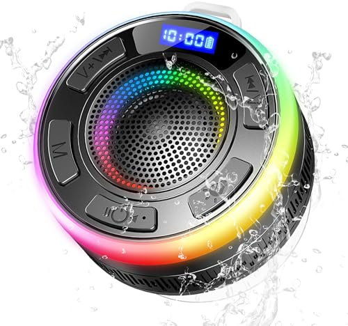 Bluetooth Shower Speaker, Portable Wireless Speaker IP7 Waterproof Speaker 360° Surround Sound, Bulit-in Mic, LED Light, Bathroom Speaker with Suction Cup for Bathroom, Party, Outdoor, Travel (New)