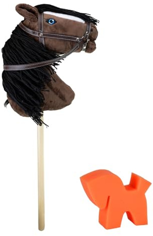 RL24 - Hobby Horse inkl. Putzschwamm – Steckenpferd mit Trense – Spielpferd aus Plüsch mit Holzstock & Langer Mähne – Stockpferd ohne Griffe & Rollen – Hobby Horse Pferde – Braun