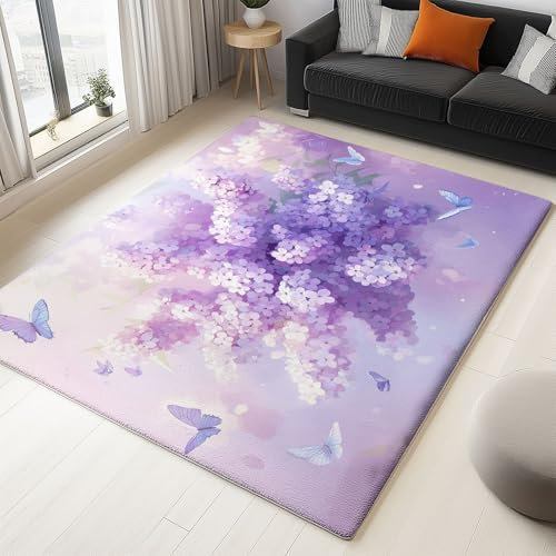 Genérico Púrpura Alfombras 60 x 120 cm Arte Digital Flores Lilas Mariposa Alfombra Salon Pelo Corto Diseño Moderno Efecto 3D Suave Franela Niño Niño Niña Alfombra de Salón Habitación Dormitorio