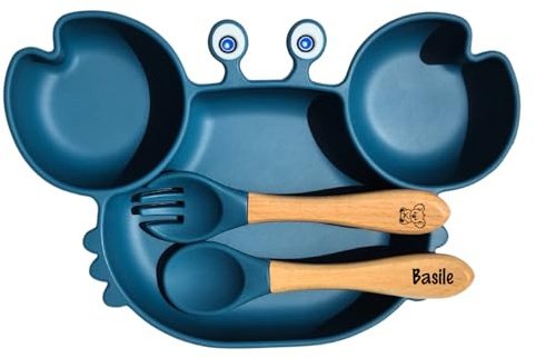 Obiboo Set Repas Bébé avec Assiette à Ventouse en silicone et Couverts Personnalisables, Cadeau de Baptême et Naissance Prénom (Bleu marine)