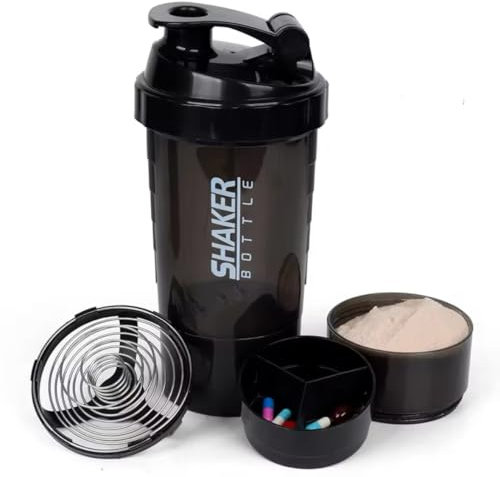 Inov Paris Shaker Bouteille de Sport avec Compartiments, 3-en-1, Noir, pour Protéines et Suppléments