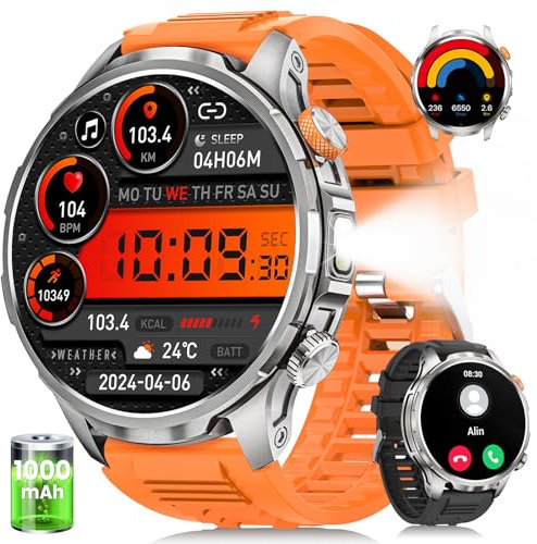 Reloj Inteligente Hombre con LED Linterna, 1000mAh/5ATM Impermeable/1.91 AMOLED Militar Smartwatch con Llamadas, 113 Modos Deportivos/Pulsómetro/Sueño/Podómetro Pulsera Actividad, Android iOS Plata