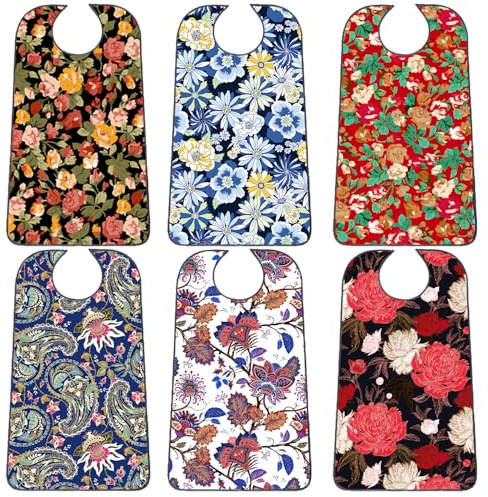 EpoBob 6 Pack Adult Bibs with Crumb Catcher, Washable and Adjustable Adult Bibs for Women Elderly Seniors Flower
