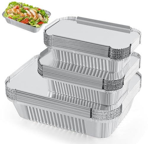 JNYLYFC 45 Pack Aluminium Foil Trays with Lids, 1750ml/700ml/410ml Large Tin Foil containers, Disposable Take Away Food Containers, Reusable Foil Baking Trays for Cooking, Roasting, Baking, Frying