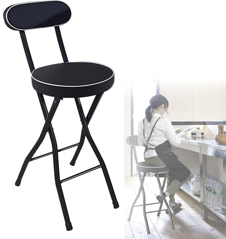 Klappbarer Hocker, 55 60 65 70 75 cm, gepolsterter, klappbarer Barhocker, schwarzer Hochstuhl mit 100 kg Tragkraft, runder Hocker für Küche/Wohnzimmer/Garten/Camping/Angeln(Schwarz,70cm (28inch))